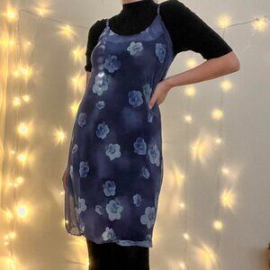 Violet blue sheer overlay mini dress with floral pattern
